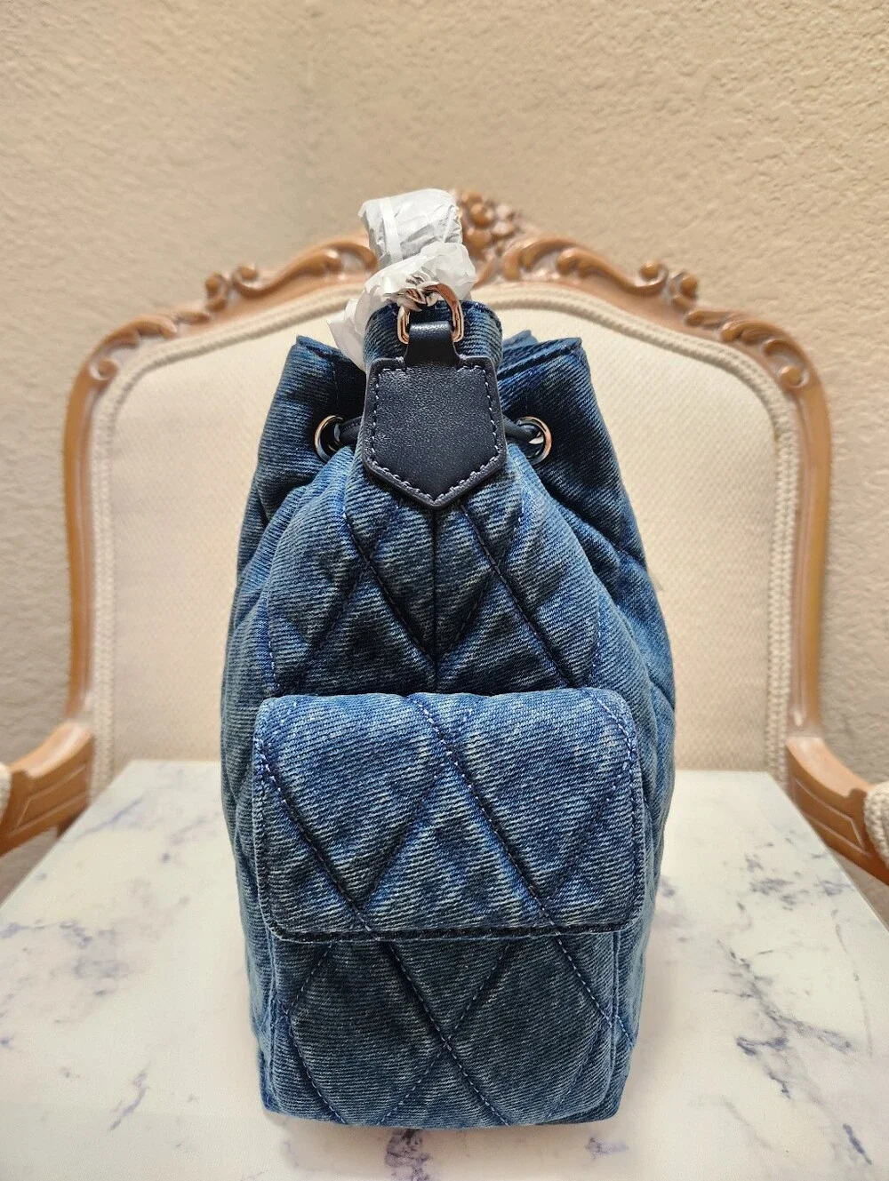Tory Burch Charlie Quilted Denim Drawstring Shoulder Bag